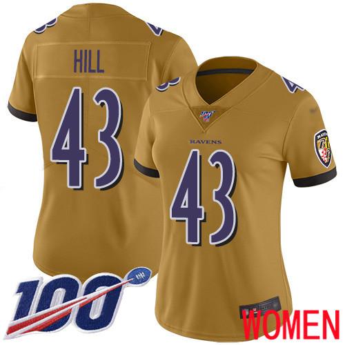 Baltimore Ravens Limited Gold Women Justice Hill Jersey NFL Football #43 100th Season Inverted Legend->baltimore ravens->NFL Jersey